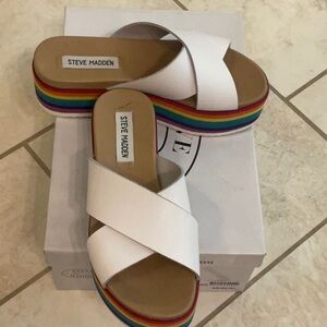 Steve Madden Asher Slide Sandal in White Leather, Rainbow